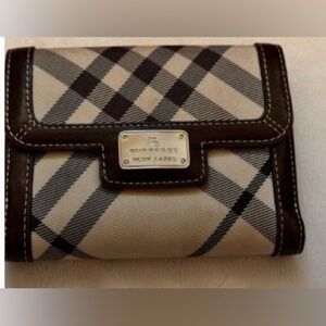 Burberry Blue Label Small Folding Wallet-6 Card Slots White Plaid Brown Leather